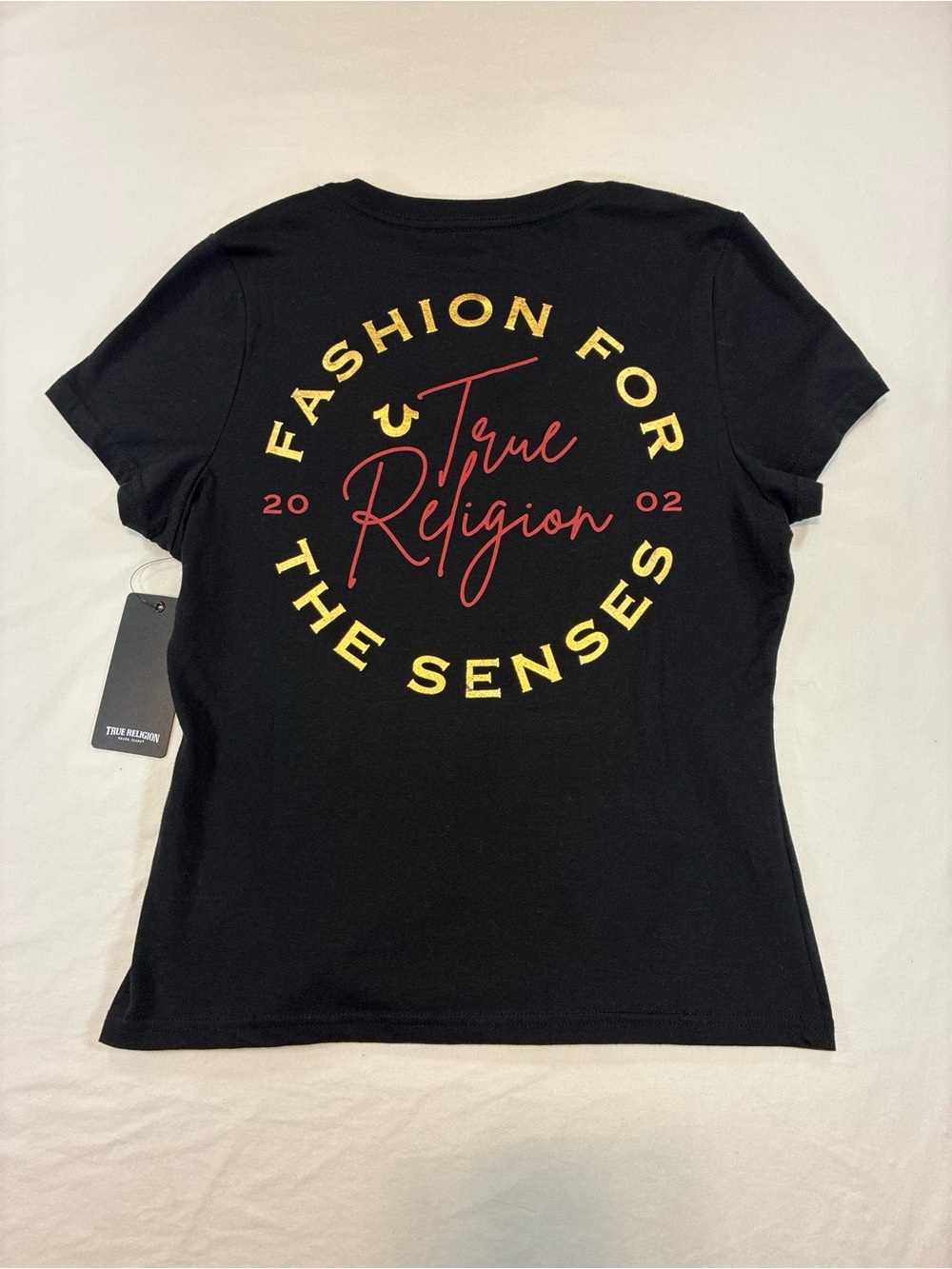 True Religion Black V-Neck Tee with Gold Logo